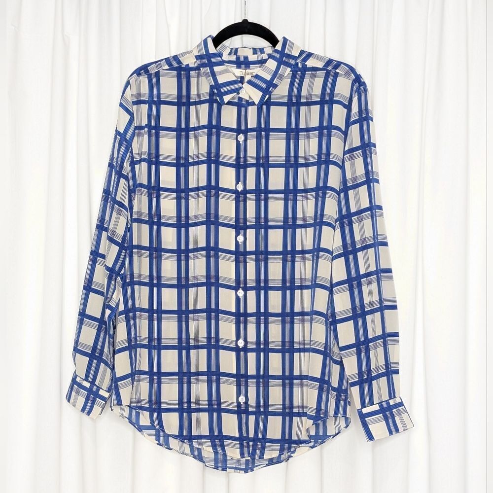 Tucker NYC Brooklyn Button Down Shirt Royal Plaid in Crepe de Chine Silk Top